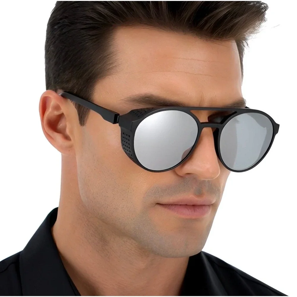 Mens Steampunk Outfit Sunglasses Matte Black Silver Mirror Lens Side Shields New